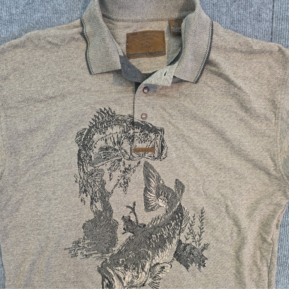 Clearwater Outfitters Mens Novelty Polo Shirt Fishing Brown Green Sz L Cotton